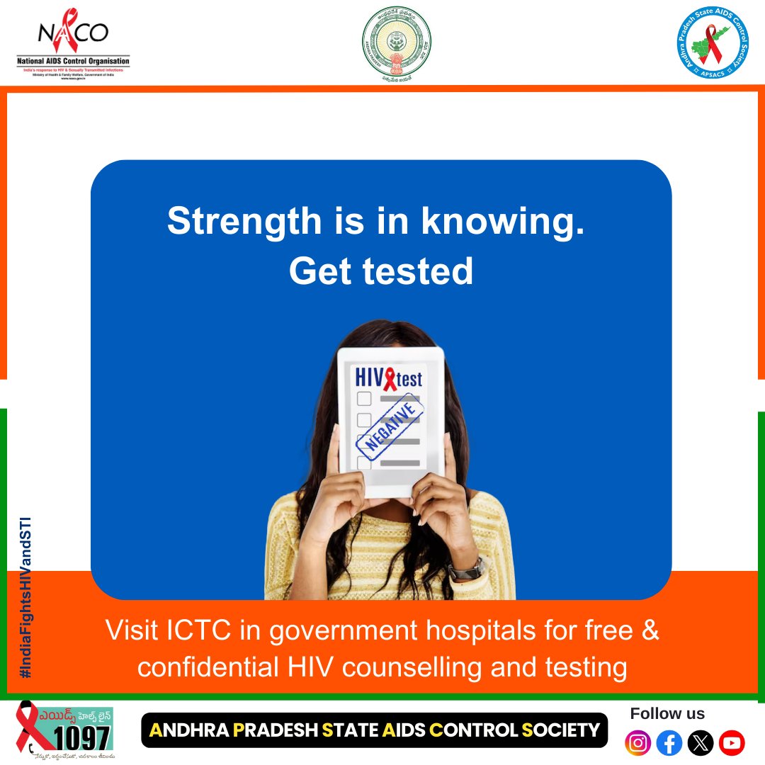 💪✨ Strength is in Knowing ✨💪

✅ Visit ICTC centers in government hospitals for FREE &amp; confidential HIV counselling and testing.
#IndiaFightsHIVandSTI #KnowYourStatus #StayProtected #GetTested #EndAIDS #HIVAwareness #StopHIV #ConfidentialTesting #ProtectYourself