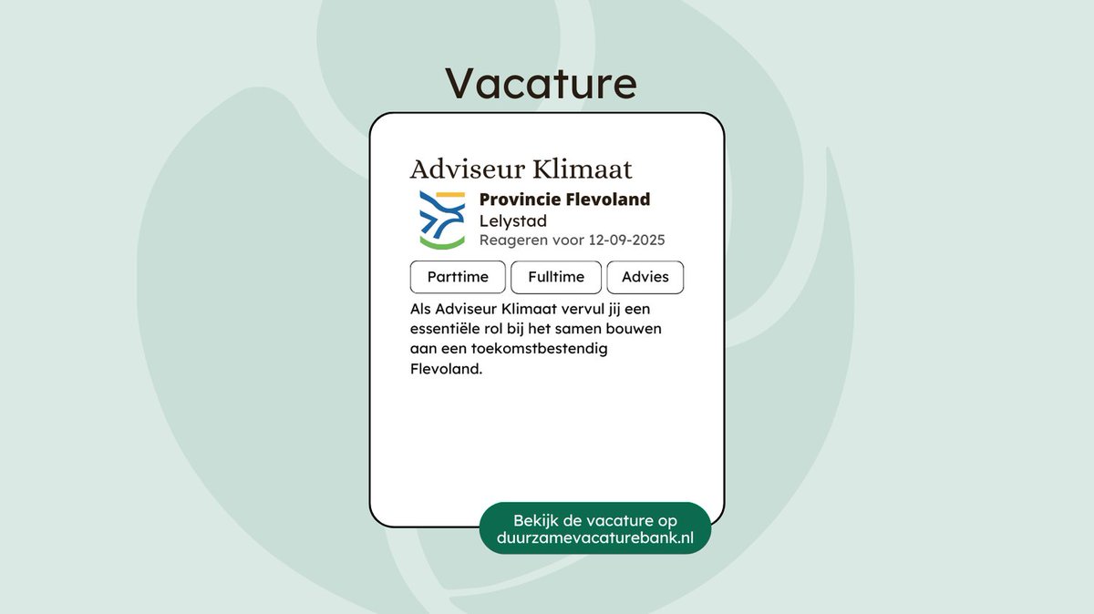 Wil jij meedenken aan duurzame oplossingen voor onze klimaatopgave en steek jij je handen graag uit de mouwen voor dit complexe en actuele thema? Wij zijn op zoek naar een Adviseur Klimaat die strategisch kan adviseren over de klimaatvraagstukken.

duurzamevacaturebank.nl/vacature/advis…