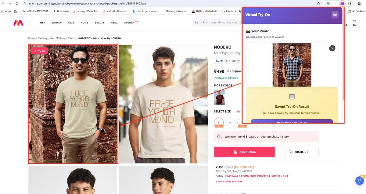 I built (vibe coded) a Chrome extension that lets you replace Myntra's models with your own photo 😉

With this virtual try-on tool, we can upload our photo and see yourself wearing any outfit directly on the Myntra product page.

The extension uses Google's newly released Gemini