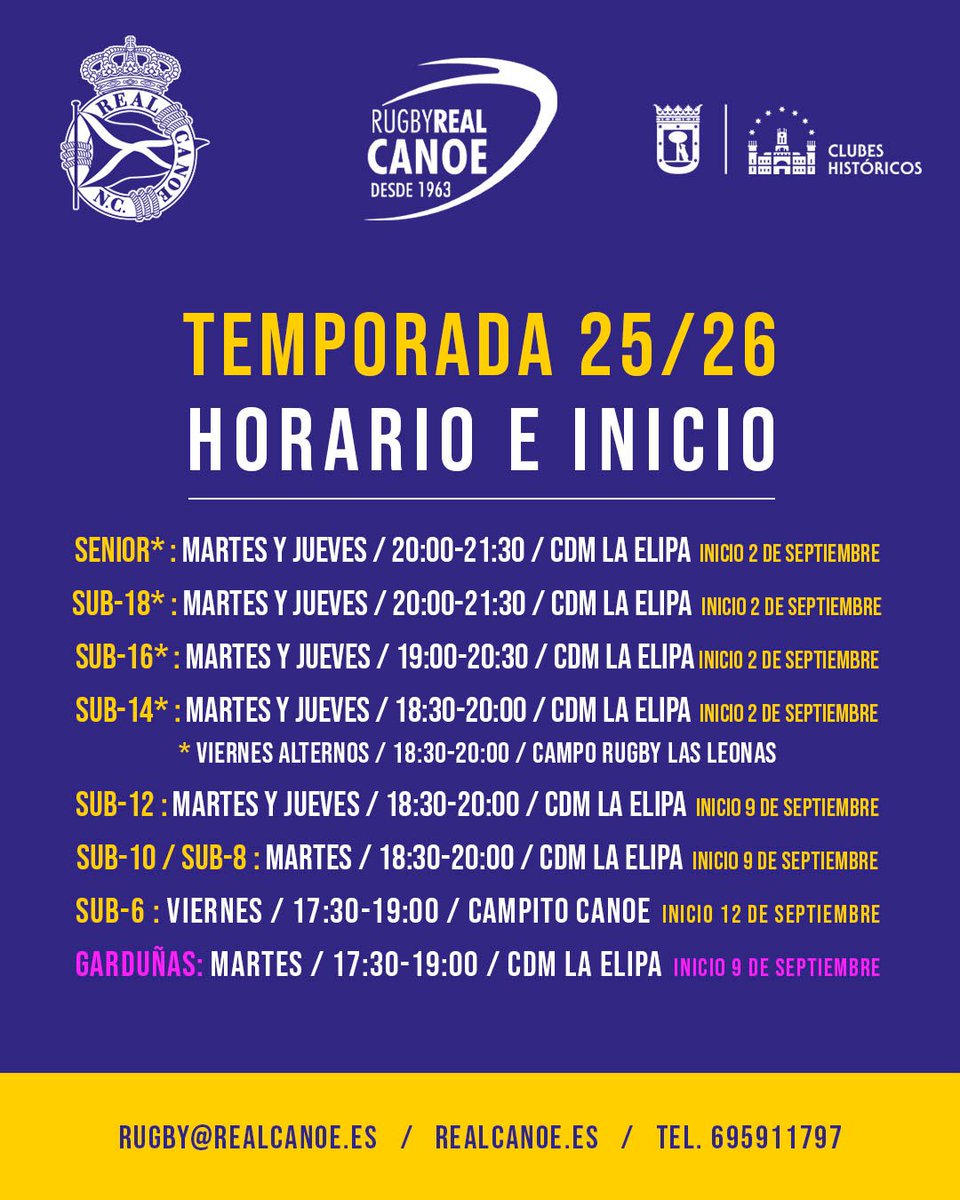rugbyrealcanoe's tweet photo. ¡Deseando empezar la temporada!
¡Aquí jugamos todos y todas!
¡Contamos con vosotr@s!
Prueba durante septiembre sin compromiso!
¡No solo somos un club de rugby, somos una gran familia! Únete!
Este año con novedades: equipo senior y femenino!💛💙💛💙
#escueladevalores
#vamoscanoe https://t.co/fE4JFACYqP