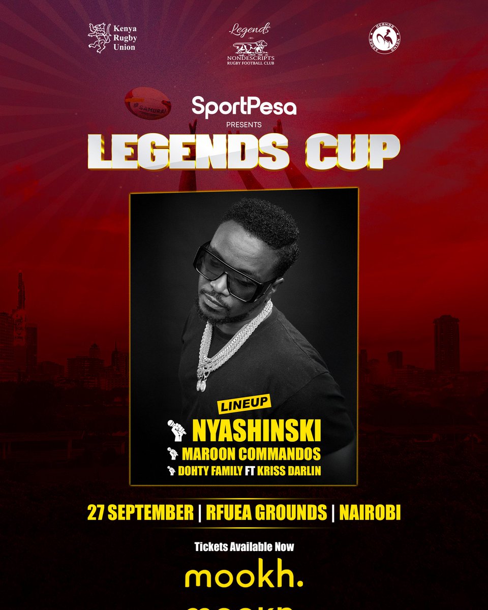🚨The Legends Cup just got louder🚨 
The stage will be lit by  🐐 Nyashinski, the legendary Maroon Commandos, and reggae vibes from DJ Dhotty Family!
📍 27th Sep | RFUEA Grounds
🎟️ Tickets on mookh.com
This is more than just rugby. It’s a celebration.Don’t miss it!