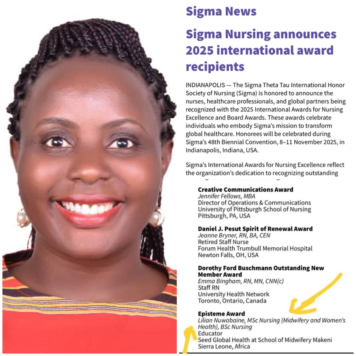 Lilian Nuwabaine (@lnuwabaine) on Twitter photo Episteme Award Recipient 2025: Lilian Nuwabaine 🇺🇬
Delighted to share that I have been selected by <a href="/SigmaNursing/">Sigma Nursing</a> as the recipient for the Episteme Research award 2025; regarded as one of nursing science's most prestigious honors globally
Link: sigmanursing.org/connect-engage…
<a href="/KKariisa/">Kin Kariisa🇺🇬</a> Episteme Award Recipient 2025: Lilian Nuwabaine 🇺🇬
Delighted to share that I have been selected by <a href="/SigmaNursing/">Sigma Nursing</a> as the recipient for the Episteme Research award 2025; regarded as one of nursing science's most prestigious honors globally
Link: sigmanursing.org/connect-engage…
<a href="/KKariisa/">Kin Kariisa🇺🇬</a>