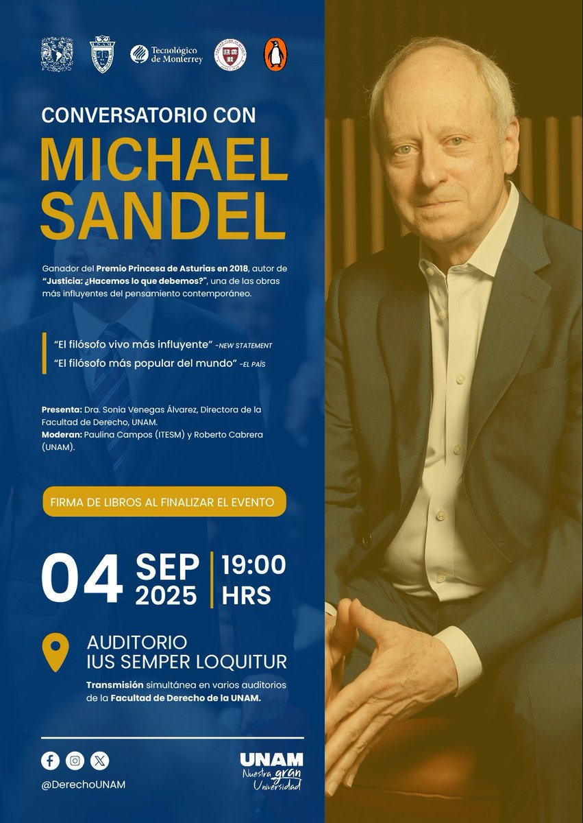 "El primer problema de la meritocracia es que las oportunidades en realidad no son iguales para todos" #MichaelSandel

🎤 Conversatorio con Michael Sandel
🗓️ 4 de septiembre | ⏰ 19:00 hrs
📍 Auditorio Ius Semper Loquitur <a href="/DerechoUNAMmx/">Facultad de Derecho</a>
📚 ¡Firma de libros al finalizar el evento!