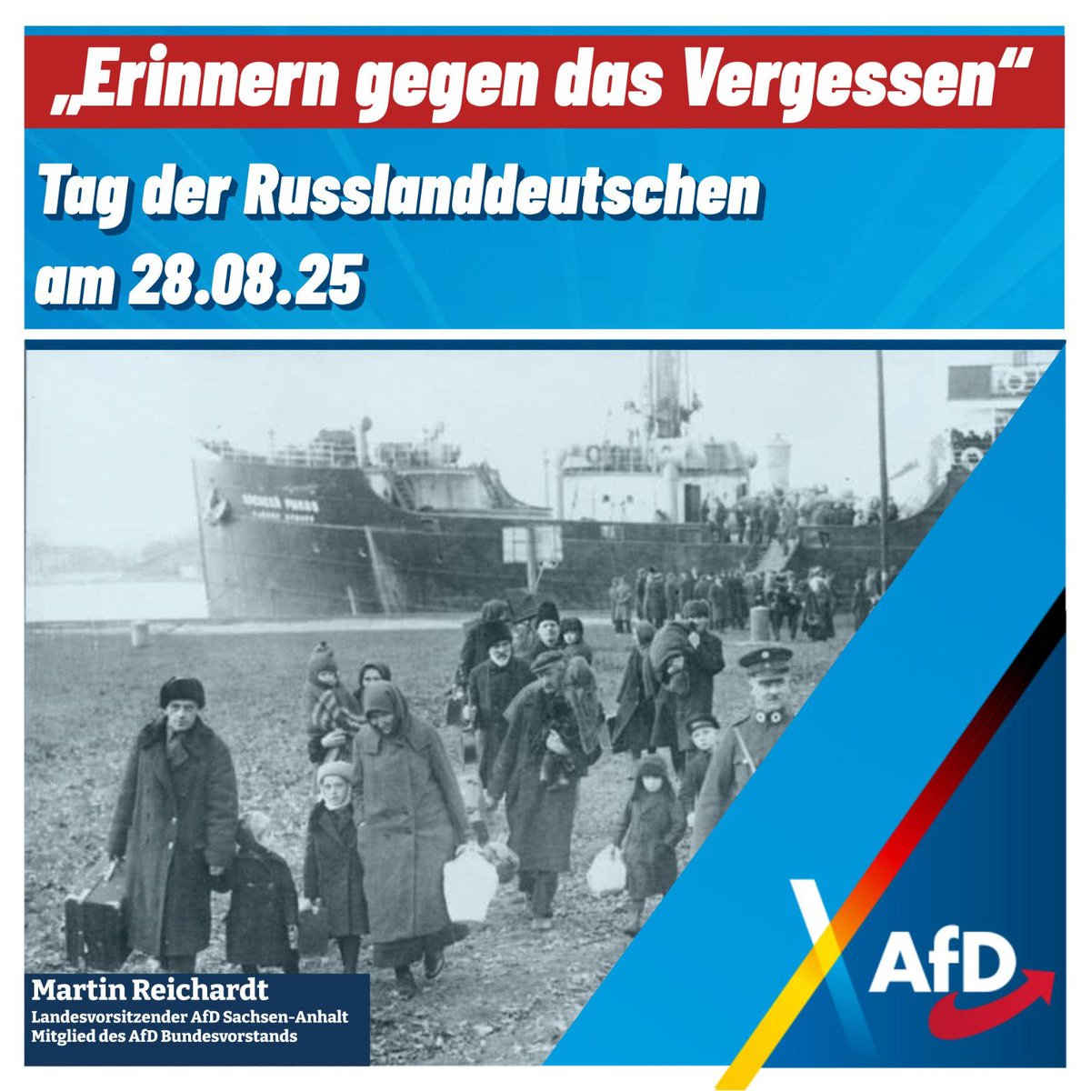 M_Reichardt_AfD's tweet photo. ,,Wir gedenken heute des Schicksals der Russlanddeutschen. Ihre brutale Verschleppung in die sibirischen und zentralasiatischen Arbeitslager wurde am 28. August 1941 durch Stalin selbst angeordnet. Viele von ihnen kamen in der Folge unter elendigen Bedingungen um, die allermeisten mussten in fremder und feindseliger Umgebung jahrzehntelang ein hartes, entbehrungsreiches Leben führen.
Seit ihrer Rückkehr in das Land ihrer Vorfahren erweisen sie unserer Heimat einen großen Dienst, indem sie mit Fleiß, Redlichkeit und großer Bescheidenheit bewährte deutsche Tugenden in unserem alltäglichen Miteinander an den Tag legen. 
Während die Kartellparteien kulturfremden Zuwanderern Privileg um Privileg zuschanzen und die durch sie verursachten massiven Probleme mühevoll zu verschleiern versuchen, sind ihnen die Russlanddeutschen meist noch nicht einmal ein Wort der verbindlichen  Anerkennung wert. Das ist kein Wunder, leugnen sie doch inzwischen in surrealer Art und Weise die bloße Existenz unseres Volkes.   
Wir als AfD sind stolz und dankbar, die Russlanddeutschen unter uns zu wissen. Wir werden das Andenken ihres schwierigen Wegs wachhalten und ihre Interessen auch weiterhin im politischen Raum vertreten – das sind wir als Partei der Deutschen ihnen schlichtweg schuldig.“