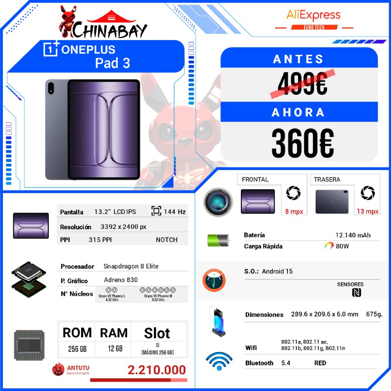 ChinaBay_cloud's tweet image. ➕OnePlus Pad 3  
💶 Precio: 360.60€  
📝 Cod. Promo: BSES75  
🌐 Link: chinabay.pro/41oagaU  

🔴 Snapdragon 8 Elite  
🔘 12 GB RAM  🔘 256 GB ROM  

#OnePlusPad #Tecnología #Snapdragon #Tableta #Ofertas