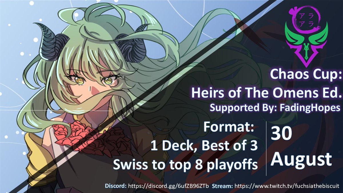 FuchsiaBiscuit's tweet photo. Hi Biscuiteers! WoC is hosting their first official tournament of the season! 

First Place gets $ for 1000 crystals in the SVWB shop

Tournament Link: https://t.co/JbcMmgyg6i

It will be casted right here at https://t.co/XpALJmaYEy! https://t.co/LHm1DUNMQs