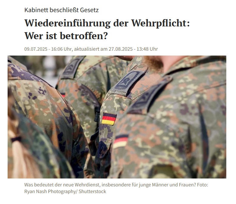 Ein weiterer, bedenklicher Schritt in Richtung Aufrüstung: Die Bundesregierung hat die Wiedereinführung der Wehrpflicht auf den Weg gebracht. Sie soll 2026 beginnen.

Verteidigungsminister Pistorius freute sich: "Das ist nicht irgendein Gesetz, sondern ein Riesenschritt nach