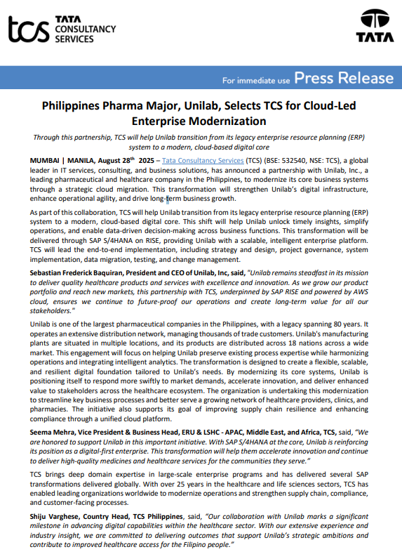 IndianStockEco's tweet image. 🚨Tata Consultancy Services:
👉Philippines Pharma Major, #Unilab, Selects #TCS for Cloud-Led Enterprise Modernization
#StocksInFocus #StocksToWatch #StockMarketIndia #stockmarketnews #nifty