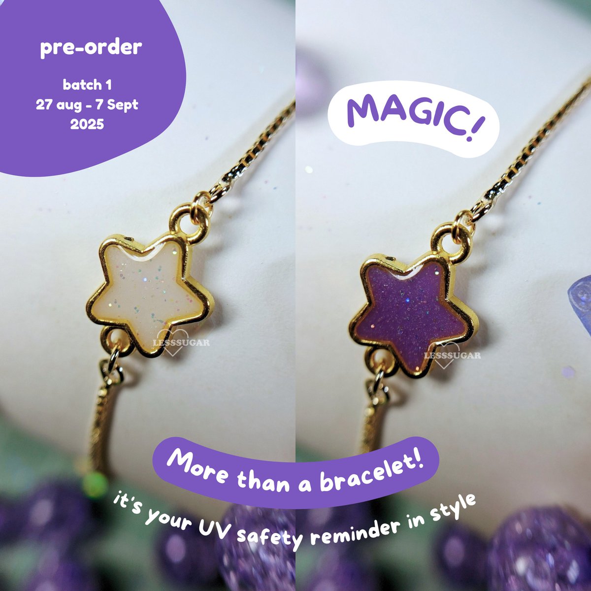 lesssugarstudio's tweet photo. ✨🌞 PRE-ORDER OPEN! 🌞✨
Meet your new fave bracelet — it’s not just cute, it changes color under the sun ☀️ 
.
batch 1
27 Aug - 7 Sept 2025
.
Link on my bio or visit https://t.co/5dupTFmeY5
.
📌 Limited slots! ✨
💌 DM us for further info💜🌞
.
#ColorChangingJewelry #UVBracelet https://t.co/ZBgk8OZgyH