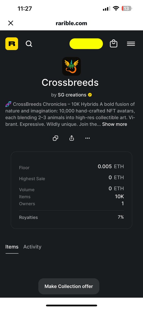 🚨 Just dropped on <a href="/rarible/">Rarible</a> 🚨

CrossBreeds Chronicles 🐉🦅
10K unique hybrids blending 2–3 animals into high-res collectible art.

rarible.com/cross_breeds

Vibrant. Expressive. One-of-a-kind.

🔗 Floor: 0.005 ETH
Royalties: 7%

👉 Own a piece of wild imagination today!
 #NFT