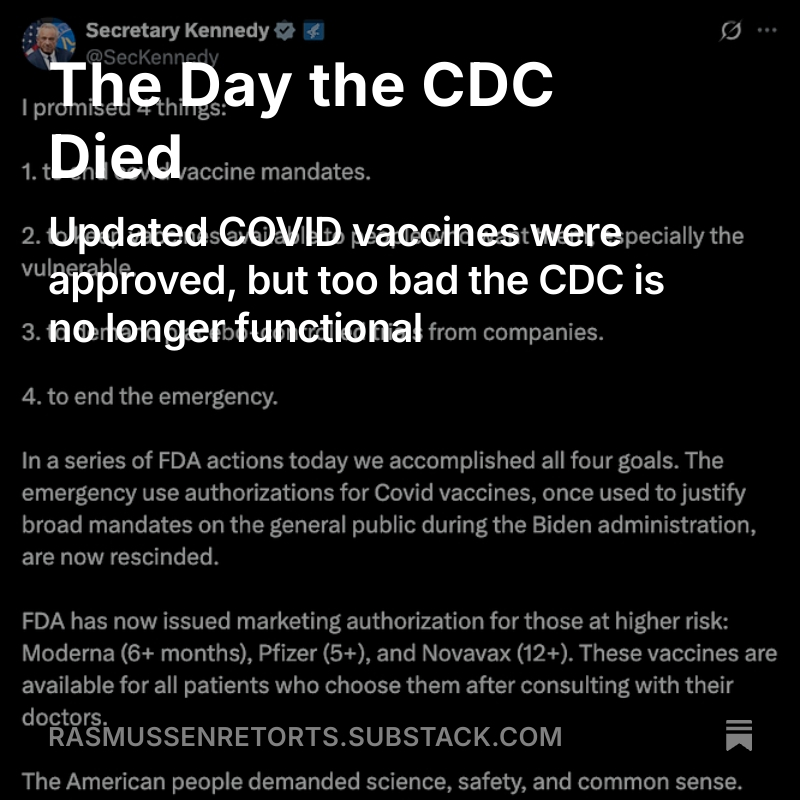 angie_rasmussen's tweet image. COVID vaccines were approved today but it's a Pyrrhic victory for vaccines. With the CDC stripped of leadership &amp;amp; capacity, we have no recourse for the outbreaks of preventable diseases that are coming. The CDC's death will kill people. 
open.substack.com/pub/rasmussenr…