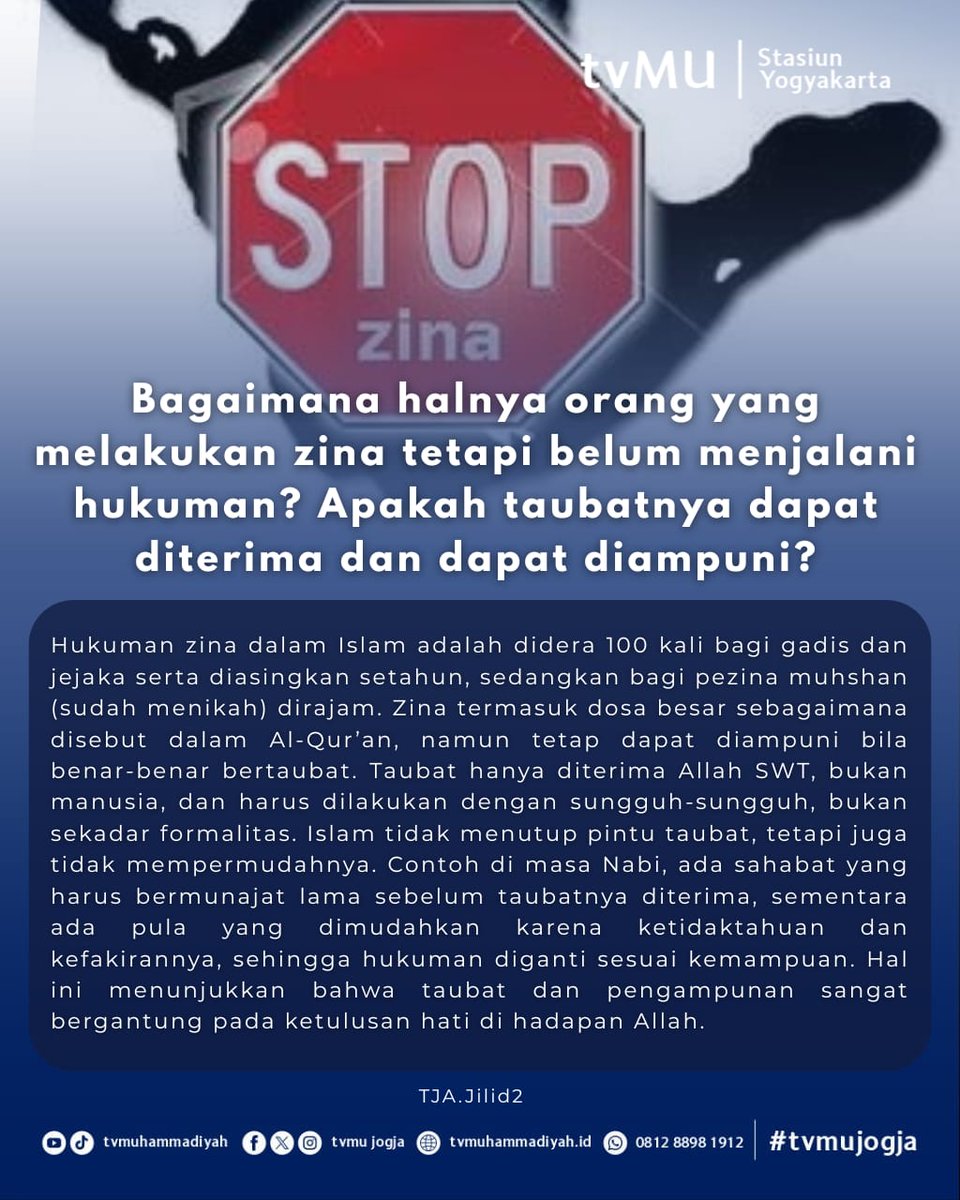 tvmujogja_'s tweet photo. Zina adalah dosa besar, namun pintu taubat selalu terbuka bagi siapa saja yang sungguh-sungguh kembali kepada Allah.
Ikuti Akun Media Sosial Kami di Link Berikut ini:
https://t.co/t2e9WYxTHZ
#StopZina #TaubatNasuhah #IslamRahmatanLilAlamin #HindariMaksiat #IngatAllah #tvMU https://t.co/ctZ1g4iHRn