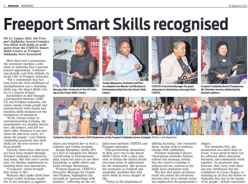 🎓 A proud moment for the West Coast region! 
 In this week’s edition of the Weslander, Freeport Saldanha celebrates the graduates of the Saldanha Bay Smart Skills Centre.

Subscribe to Netwerk24 to get the latest issue netwerk24.com