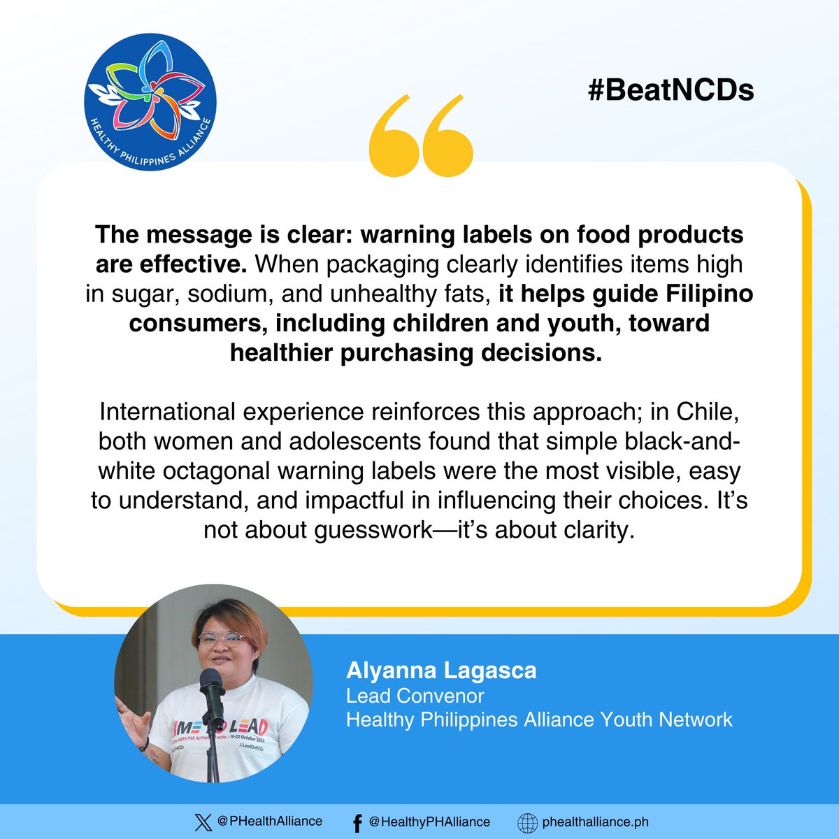Malinaw na para din ito sa kabataan #DapatMayBabala #DapatMayLabel #BeatNCDs

Read more here: phealthalliance.ph/2025/08/12/sws…