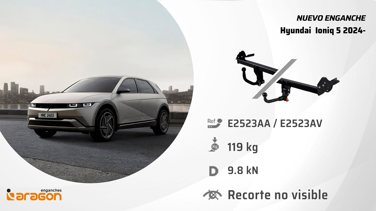 🚗⚡️ ¡Nuevo enganche para Hyundai Ioniq 5 en Enganches Aragón!
✅ Carga vertical: 119 kg.
✅ Remolcable: 1.630 kg.
✅ Bola fija o desmontable.
✅ Recorte invisible en el paragolpes.
Más opciones para tu SUV eléctrico de hasta 570 km de autonomía.
#HyundaiIoniq5 #enganchesaragon