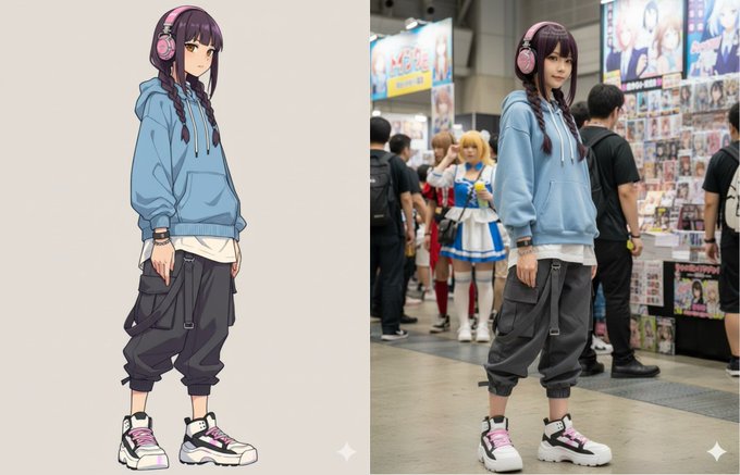 Shows anime illustration converted to real cosplay photo effect, left side shows anime style illustration, right side shows real cosplay photo with convention background