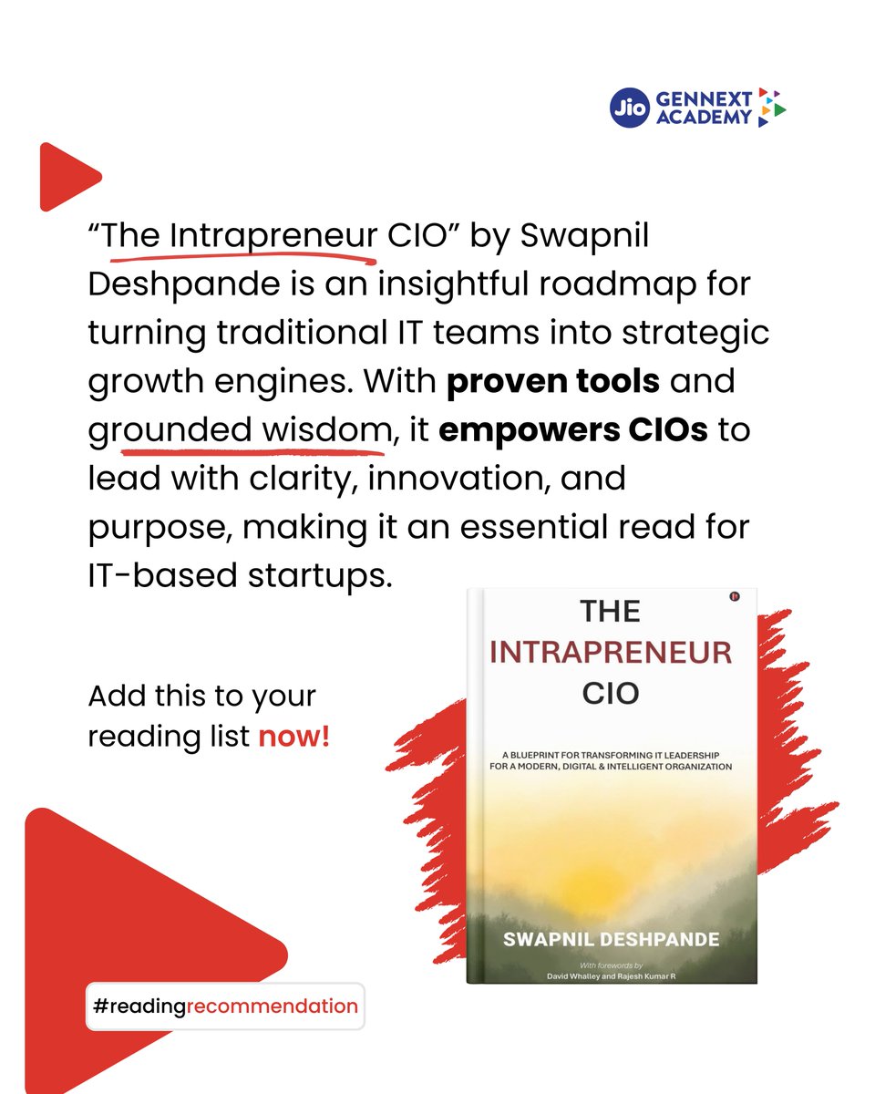 A peek into visionary leadership reshaping the role of the CIO.

In “The Intrapreneur CIO,” Swapnil Deshpande draws on two decades of leadership to offer a clear view for driving innovation, building high-performing teams, and aligning IT with business outcomes.

#JioGenNext