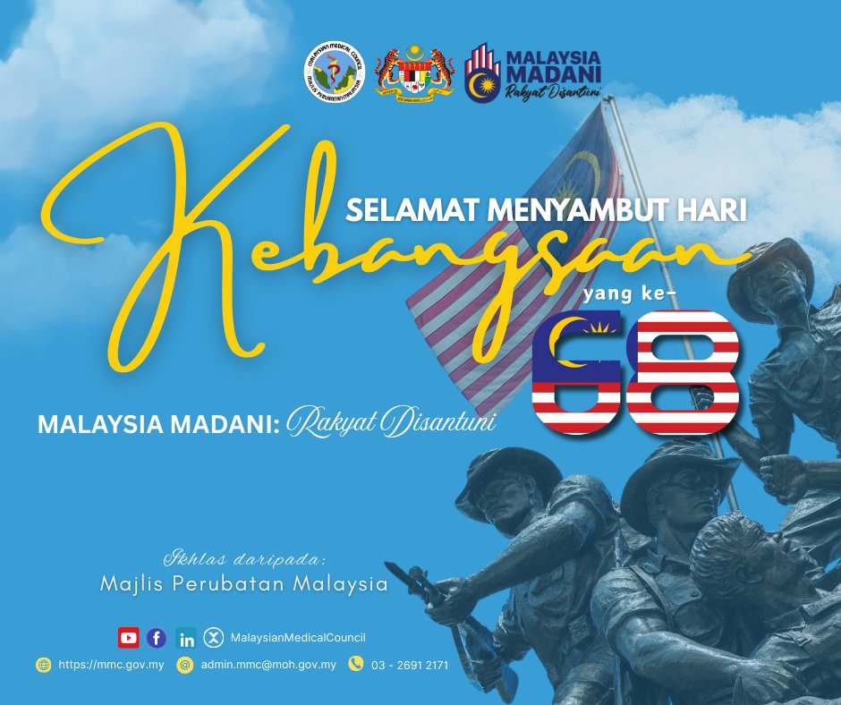 🇲🇾Selamat Menyambut Hari Kebangsaan dan Hari Malaysia 2025.

Dengan semangat Malaysia MADANI: Rakyat Disantuni, marilah kita terus membela kebajikan rakyat, memperkasa perpaduan &amp; memperkukuh kemajuan negara demi kesejahteraan bersama.
#MajlisPerubatanMalaysia #HariKebangsaan2025
