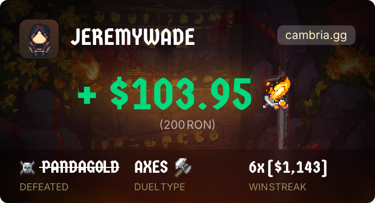 🏆 Just won a Great Axes duel in <a href="/playdegenarena/">Duel Arena</a>!

💰 Prize: $103.95
⚔️ Defeated: Pandagold

Come duel me at lobby.cambria.gg/?code=jeremywa…
