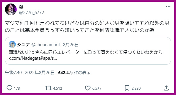 ★このポストの意見に『ほんそれ！👩👍』と はしゃいでる輩が多数 見られますが、

「他人を好き嫌いで分ける」（「別にどうでもいい」という第３の選択肢が無い）人って、

実は『社会人経験が薄い（対人スキルが幼稚）』か『発達障害の恐れがある』ことを知らないのだろうか…??🤔