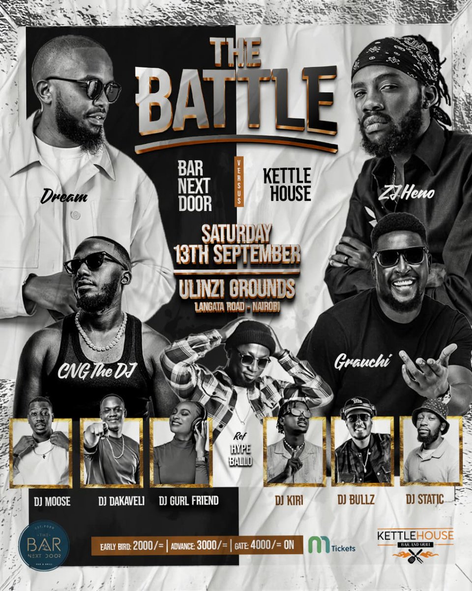 Choose your fighters !
CNG &amp; DJ Dream Vs Grauchi &amp; ZJ Heno 🙌🏾

Early bird tickets are still going for 2000 bob 
shop.mtickets.com/event/the-batt…