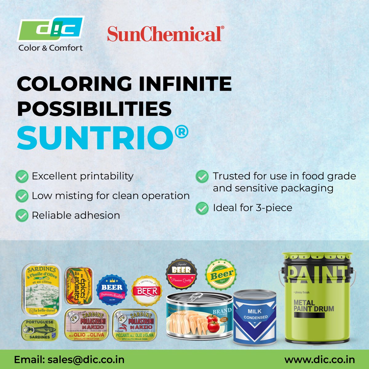 Strong adhesion. Superior durability. Lasting brilliance.
DIC India’s 3-Piece Can Metal Deco inks are designed for food cans, general line packaging, and closures. Delivering vibrant colours with full compliance to global safety &amp; regulatory standards.
#DICIndiaLimited #MetalDeco