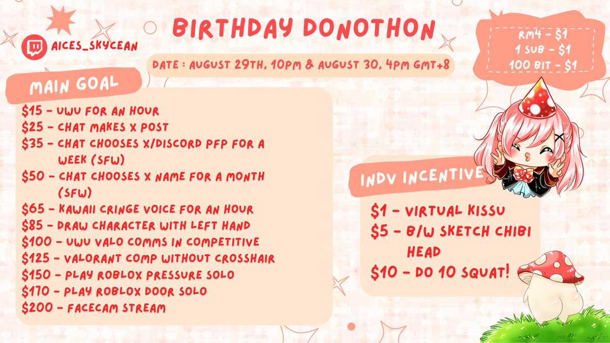 Hi everyone~!
Guess what? It's going to be my birthday soon~! YYAAAYY!!!! ✨ 
I'll be doing a 2 days birthday stream on 29th (10pm GMT+8) and 30th (4pm GMT+8) so feel free to come by and say hi~! 🍄 

See you guys there~!!
🍄 🍄 🍄