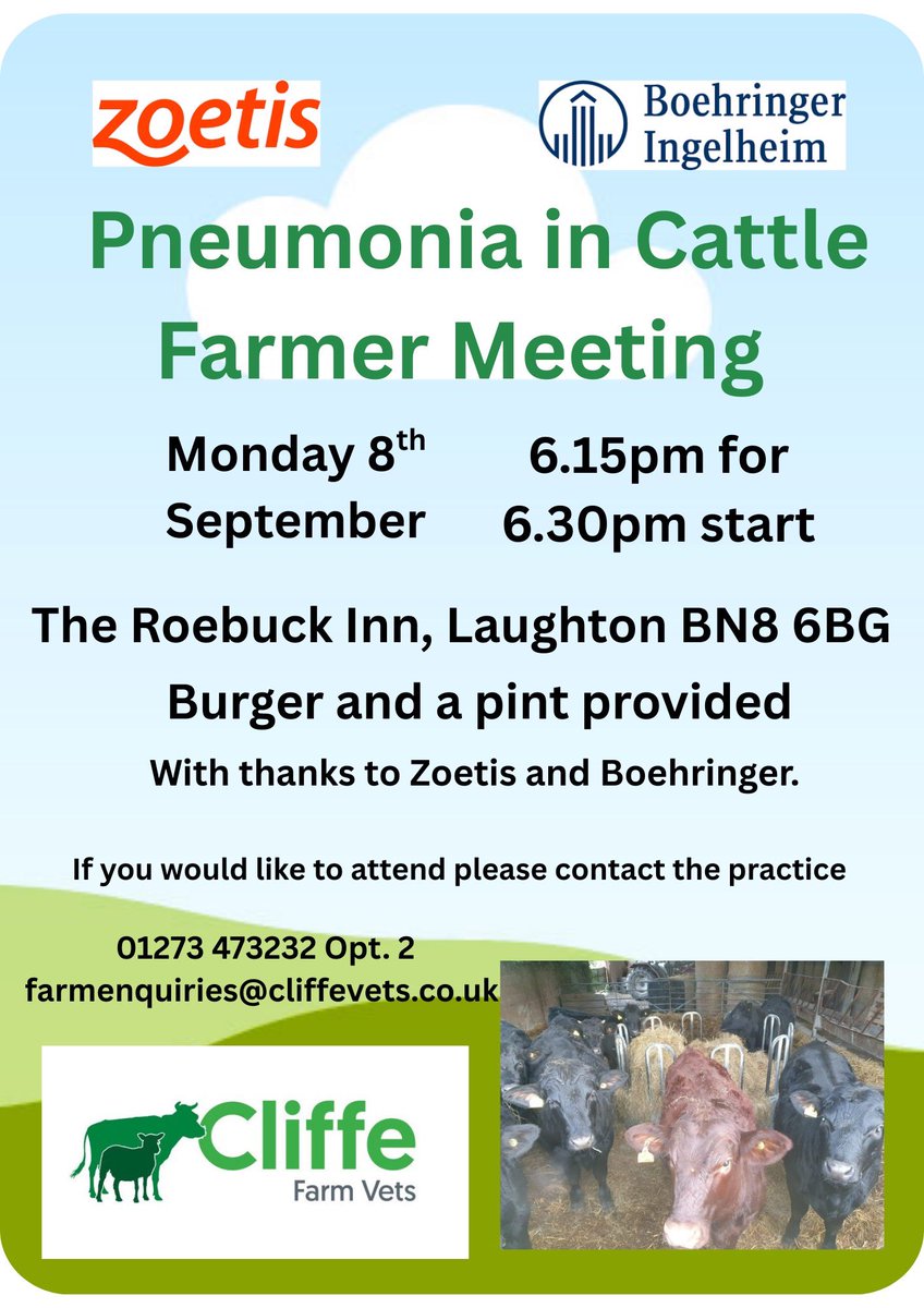 🚨Upcoming Meeting🚨

Monday 8th September we are talking all things Pneumonia with Zoetis and Boehringer 🫁

Don't miss out and call the practice on 01273 473232(opt 2) to book your space!