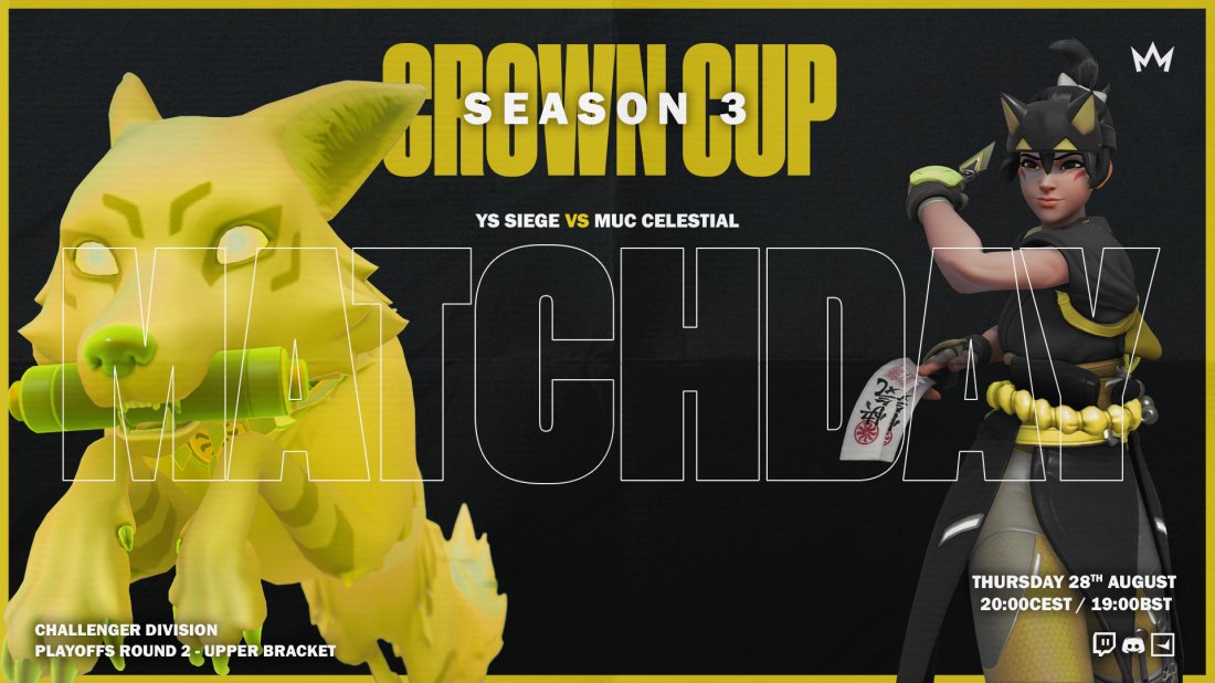 MATCHDAY!

It's that time again! 

YS Siege vs MUC Celestial - LIVE

The playoffs are heating up, a major match ahead of us tonight, with the winner taking a step closer to the Grand Finals

Tune in TONIGHT from 18:45BST / 19:45CEST

#FaceIt #CrownCUp #OW2