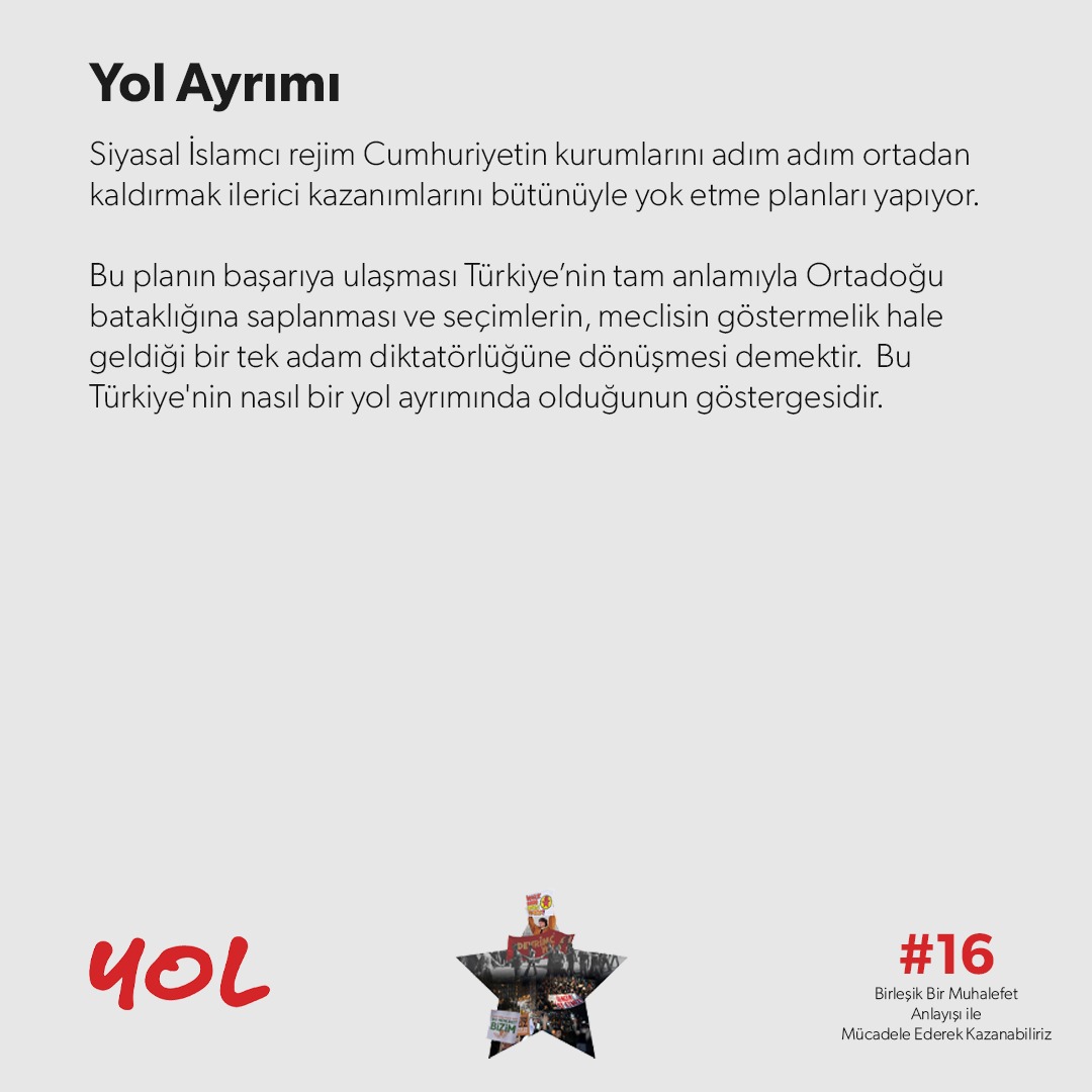 yol_dergi's tweet photo. Yol Ayrımı

Siyasal İslamcı rejim, Cumhuriyetin kurumlarını adım adım ortadan kaldırmak, ilerici kazanımlarını bütünüyle yok etme planları yapıyor. 

Emperyalist planlara ve işbirlikçilerine karşı birleşik mücadele anlayışı ile kazanabiliriz!

#YOL16 https://t.co/8lkxiskQ0z