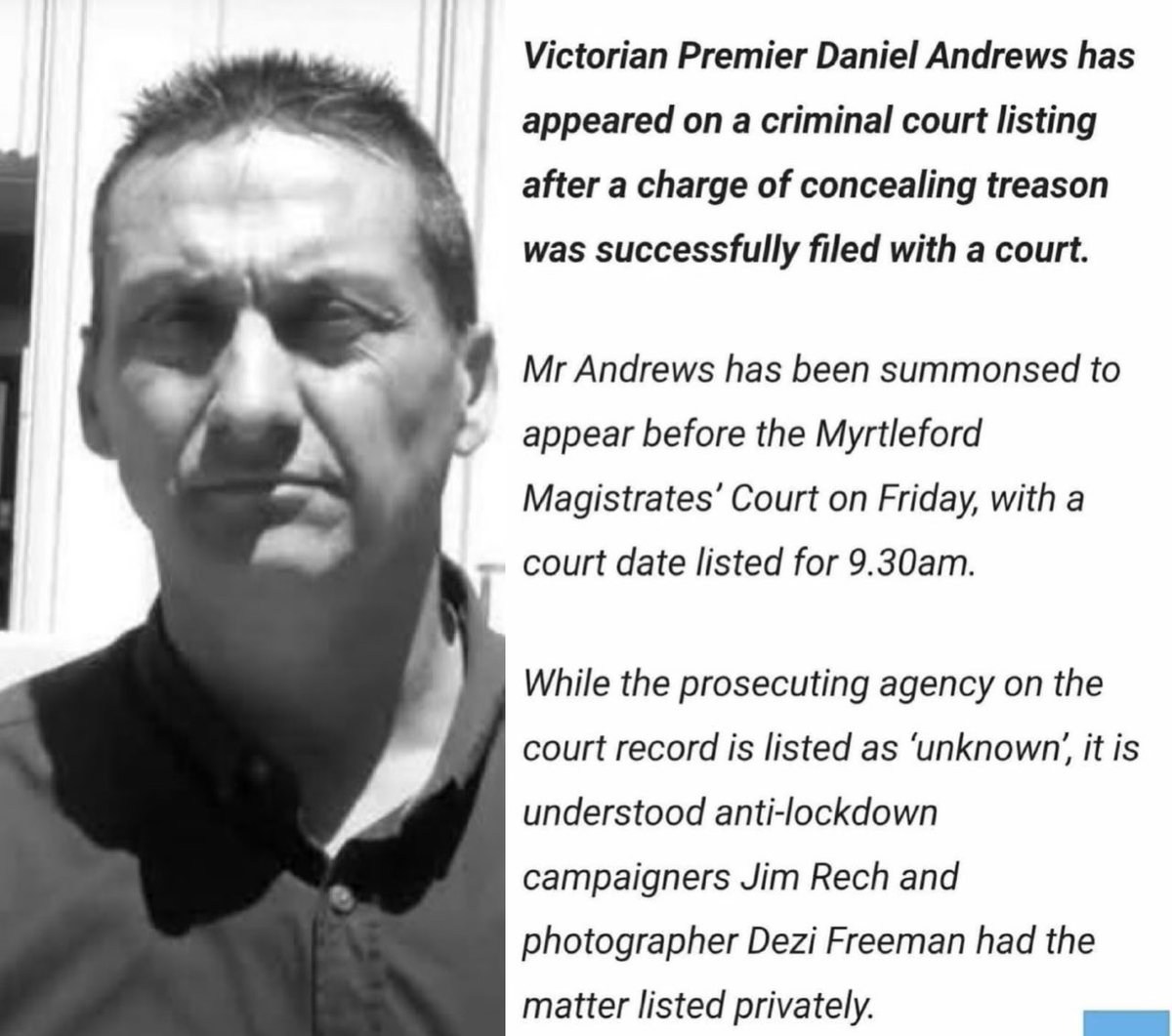 Lozzy B 🇦🇺𝕏 (@laurynbahen) on Twitter photo So, Daniel Andrews was due to be in the Myrtleford magistrates court this Friday at 9:30am , Dezi Freeman is one of the blokes that lodged the case.
Cops showed up on his doorstep on Tuesday, broke protocol & 2 cops have sadly lost their lives.
Now their story has changed from So, Daniel Andrews was due to be in the Myrtleford magistrates court this Friday at 9:30am , Dezi Freeman is one of the blokes that lodged the case.
Cops showed up on his doorstep on Tuesday, broke protocol & 2 cops have sadly lost their lives.
Now their story has changed from