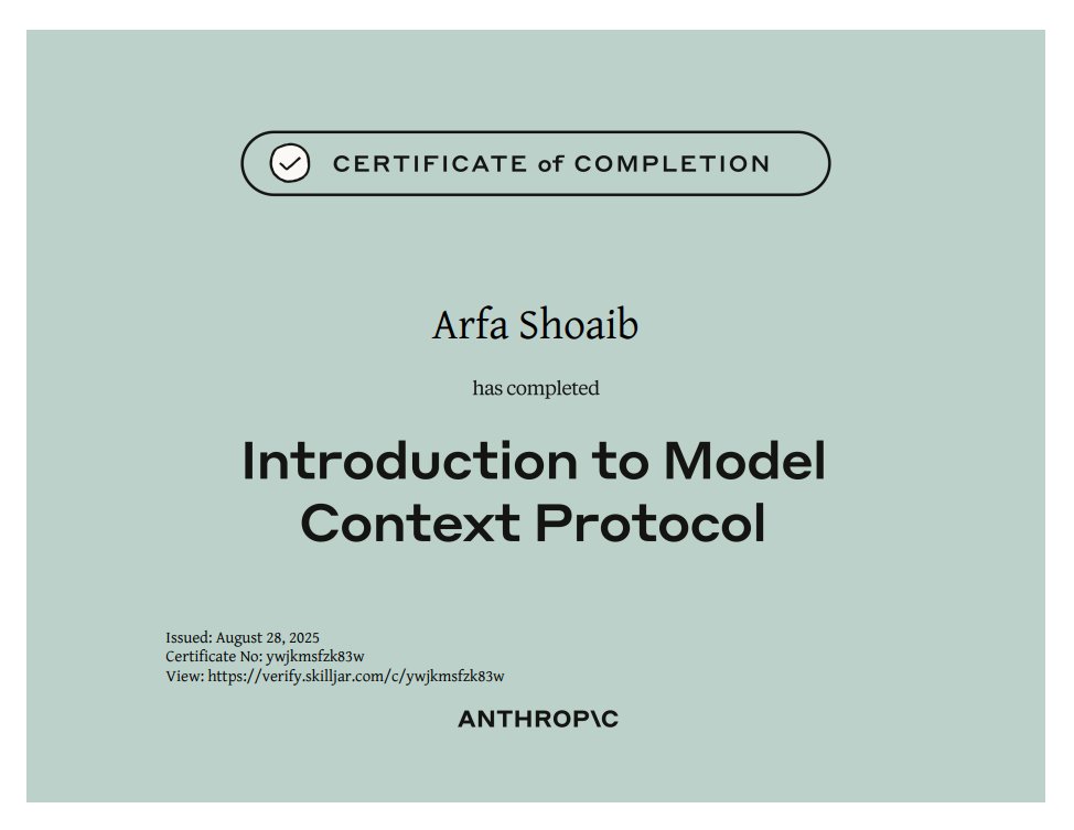 ArfaShoaib1984's tweet photo. 🚀 Just earned my Model Context Protocol (MCP) certificate from Anthropic!

Excited to use MCP to connect AI with external tools &amp; data more efficiently.
Big step forward in my AI journey! 🎉

#MCP #Anthropic #AI #Certification https://t.co/Q8ZezR7e4e