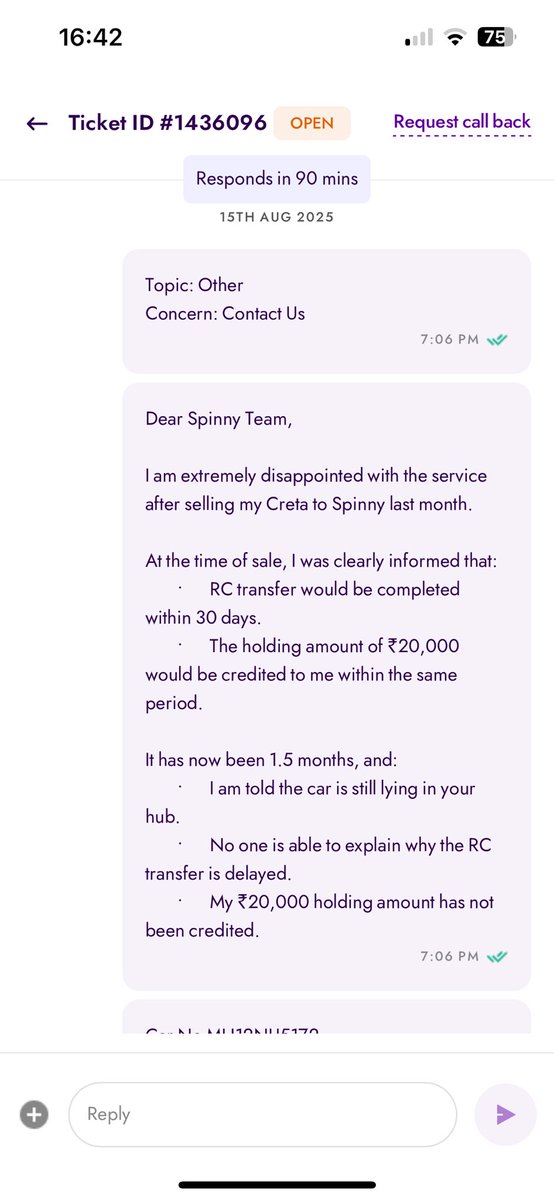 PraseedBanerjee's tweet photo. @myspinny ticket raised on 15th August still open. Team not sure about car details. Got call to visit RTO for signature 
No follow up communication. Worst worst worst customer care. Pathetic. Untrained, unprofessional staff. Return my money of 20k https://t.co/SwQpT2fmg6