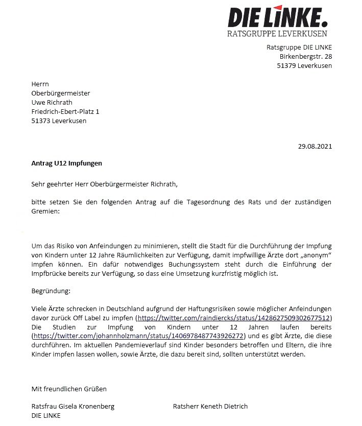 Tom_Bayou's tweet photo. "Um das Risiko von Anfeindungen zu minimieren, stellt die Stadt für die Durchführung der Impfung von Kindern unter 12 Jahre Räumlichkeiten zur Verfügung, damit impfwillige Ärzte dort „anonym" impfen können."

Antrag U12 Impfungen Die Linke Leverkusen

August 2021 #RichtigErinnern https://t.co/mynd3B1dLq