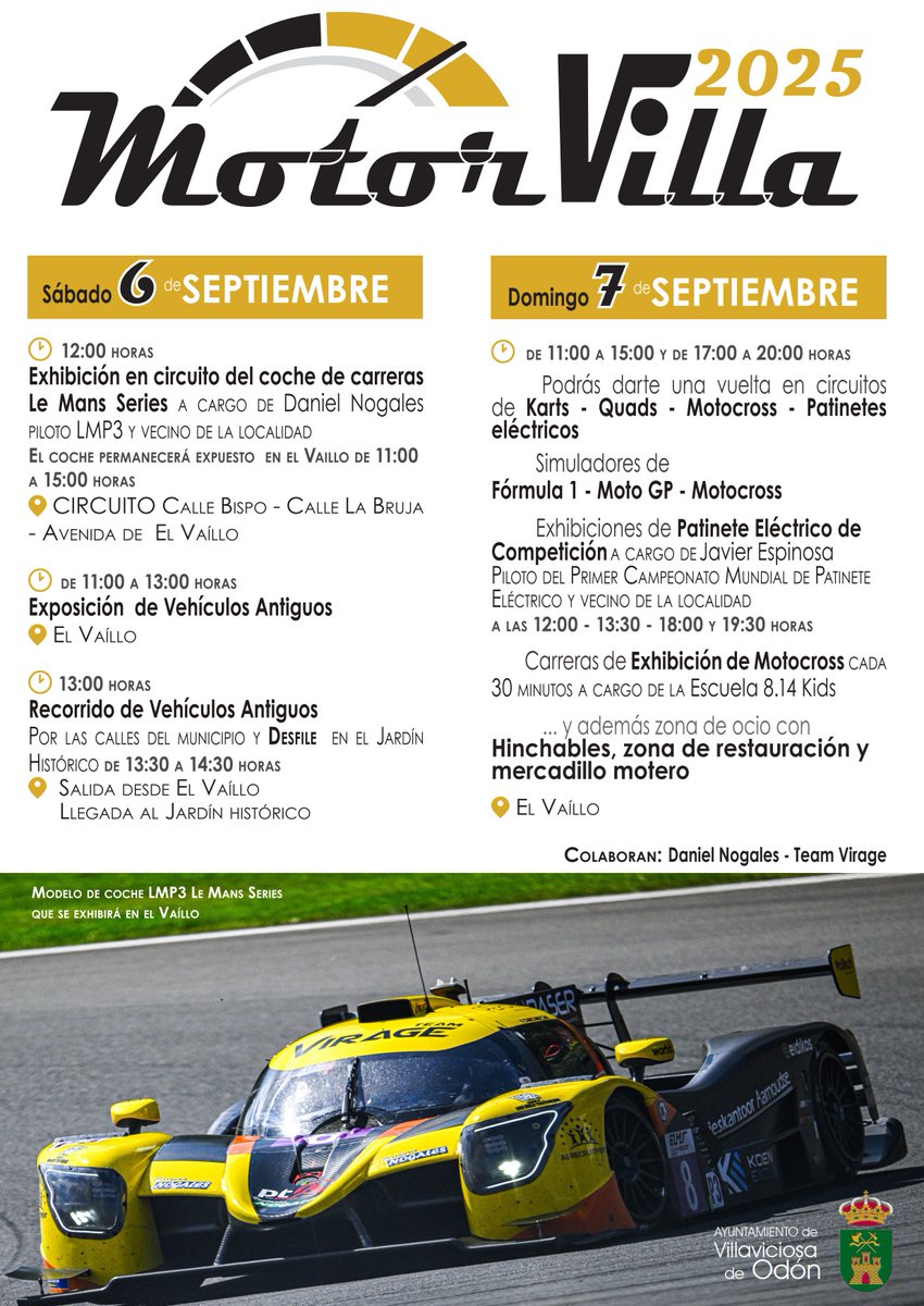 MOTOR VILLA 2025
Sábado 6 de septiembre, de 11:00 a 15:00 horas
Domingo 7 de septiembre, de 11:00 a 15:00 horas y de 17:00 a 20:00 horas
Recinto ferial “El Vaillo”