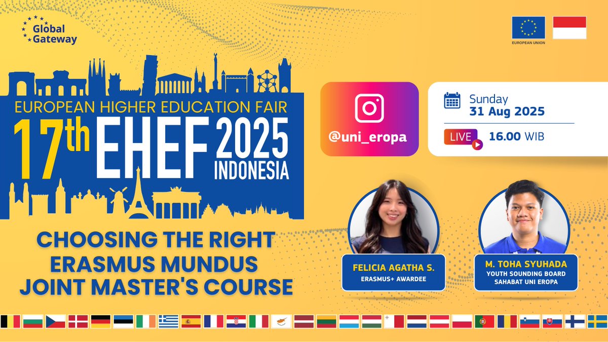 Craving more EHEF euphoria? 🎓✨ Join IG Live “Choosing the Right Erasmus Mundus Joint Master’s Course” with Erasmus+ alumna. Real talk on turning passion into the right study path 🌍 
 📅 31 Aug | 🕒 16.00 WIB | IG Live <a href="/uni_eropa/">EU in Indonesia</a> &amp; <a href="/felichiii/">Kailef 💜❤️‍🩹</a>. 
Save the date and tune in!