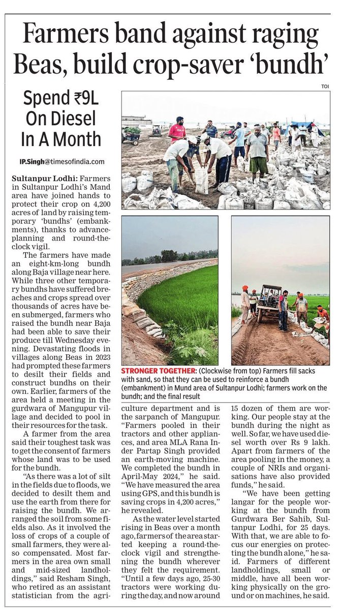 Tractor2twitr_P's tweet image. In flood-hit Panjab where govt failed to take preventive steps, farmers of Sultanpur Lodhi achieved something unprecedented.

They pooled tractors, money &amp;amp; labour, and built an 8km bundh. When CM was enjoying idli-dosa, farmers spent ₹9 lakh on diesel to kept a round-the-clock…
