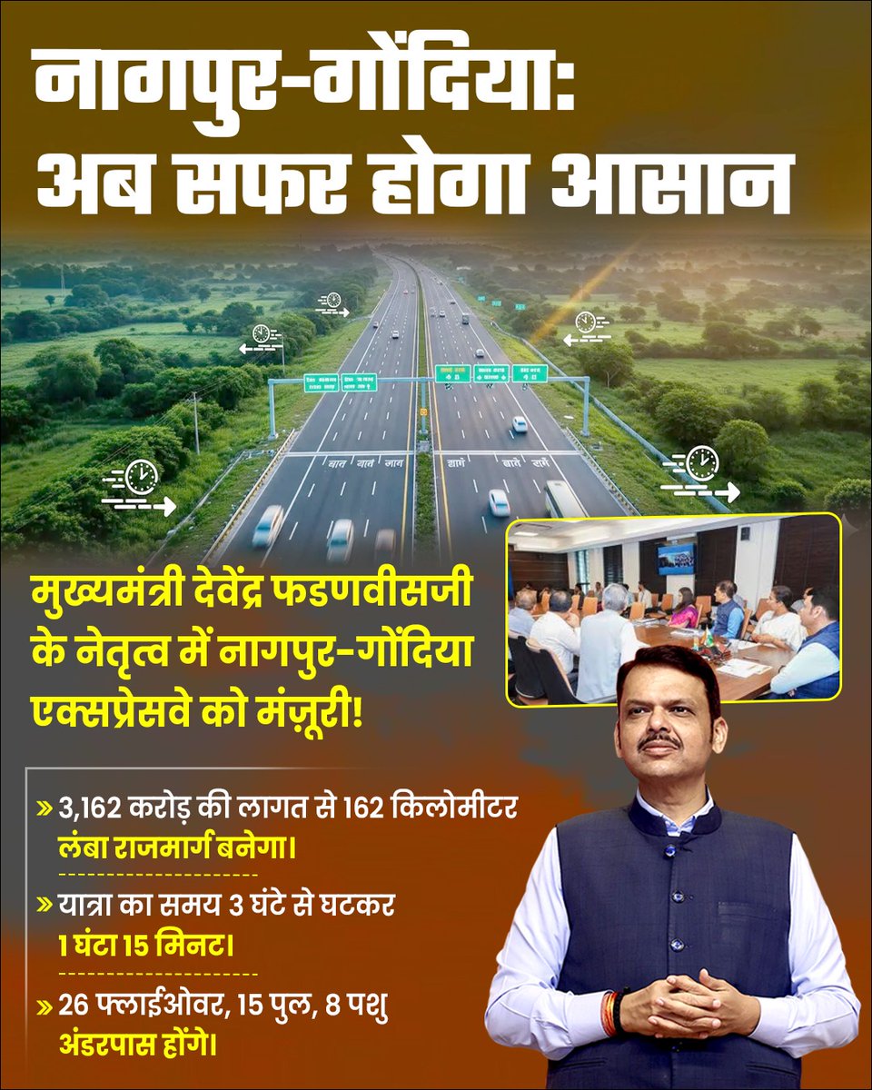 ShivPrapti jadhav (मोदीजी का परिवार ) (@reenapravin5183) on Twitter photo नागपुर-गोंदिया: अब सफर होगा आसान
मुख्यमंत्री देवेंद्र फडणवीसजी के नेतृत्व में नागपुर-गोंदिया एक्सप्रेसवे को मंजूरी !
3,162 करोड़ की लागत से 162 किलोमीटर लंबा राजमार्ग बनेगा।
यात्रा का समय 3 घंटे से घटकर 1 घंटा 15 मिनट
26 फ्लाईओवर, 15 पुल, 8 पशु अंडरपास होंगे <a href="/Dev_Fadnavis/">Devendra Fadnavis</a> नागपुर-गोंदिया: अब सफर होगा आसान
मुख्यमंत्री देवेंद्र फडणवीसजी के नेतृत्व में नागपुर-गोंदिया एक्सप्रेसवे को मंजूरी !
3,162 करोड़ की लागत से 162 किलोमीटर लंबा राजमार्ग बनेगा।
यात्रा का समय 3 घंटे से घटकर 1 घंटा 15 मिनट
26 फ्लाईओवर, 15 पुल, 8 पशु अंडरपास होंगे <a href="/Dev_Fadnavis/">Devendra Fadnavis</a>
