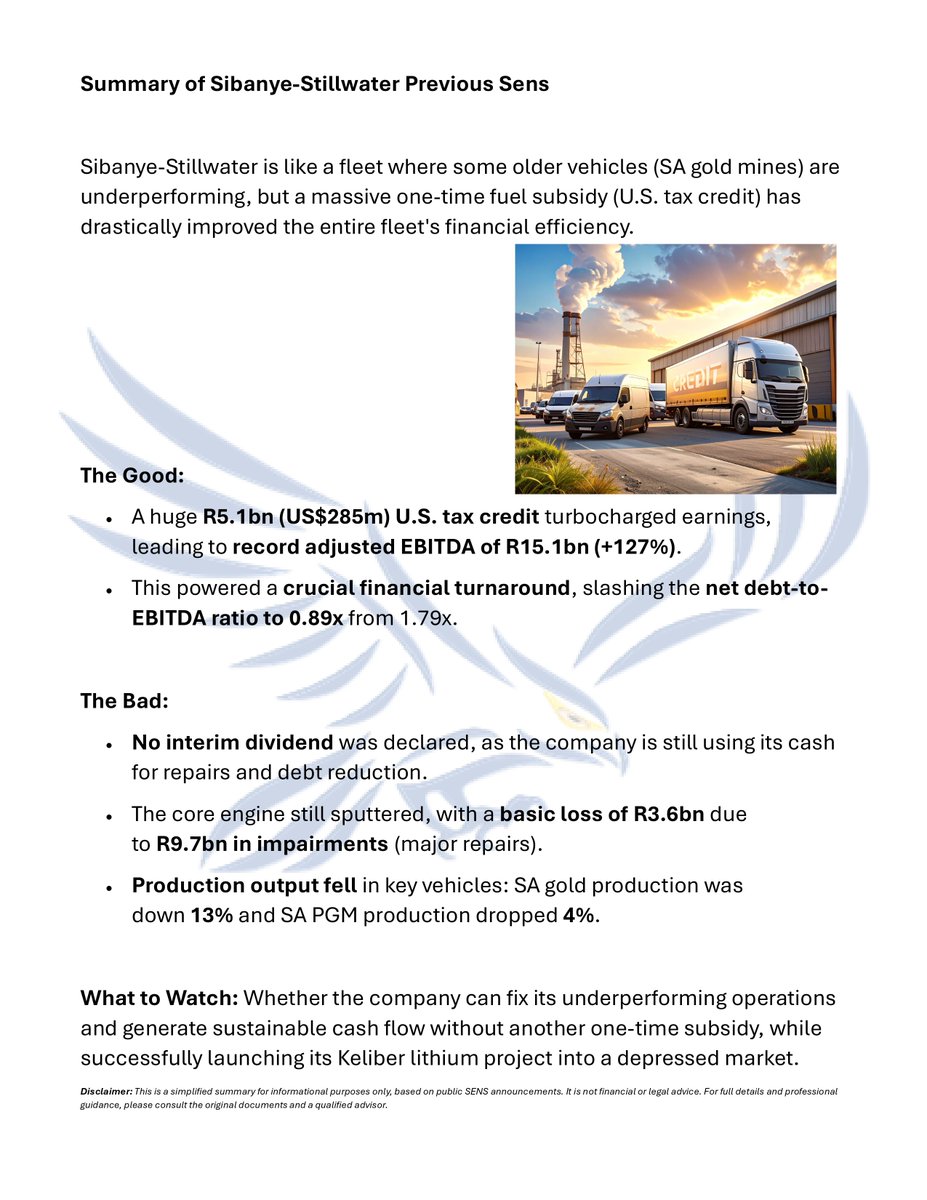 Sibanye-Stillwater got a R5.1bn bailout from the US govt. 🚀 It fixed the balance sheet but masked a R3.6bn loss and falling production. The real test begins now: sustainability. $SSW