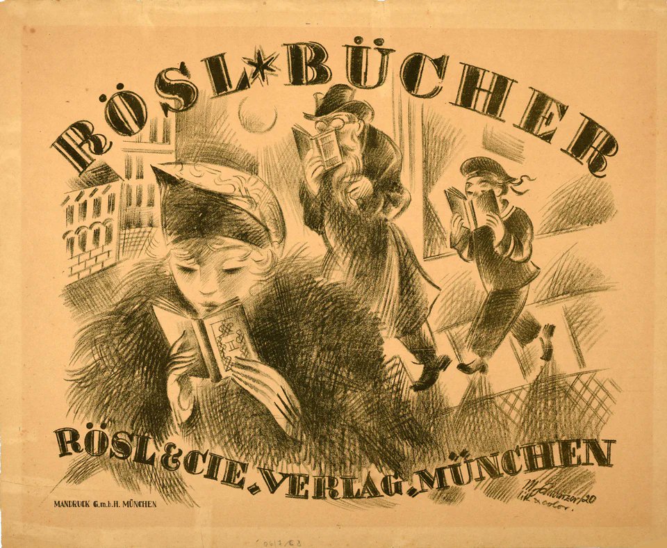 Original #vintage #poster of the day - Rösl Bücher Rosl &amp; Cie Verlag Munchen / Munich publishing house (1920) Artist: Max Schwarzer → antikbar.co.uk/products/pa363… 

#Munich #Germany #Buch #Book #Publisher #Antique #Advertising #Art #Reading #Books #Design #WorldBeardDay #ReadABookDay