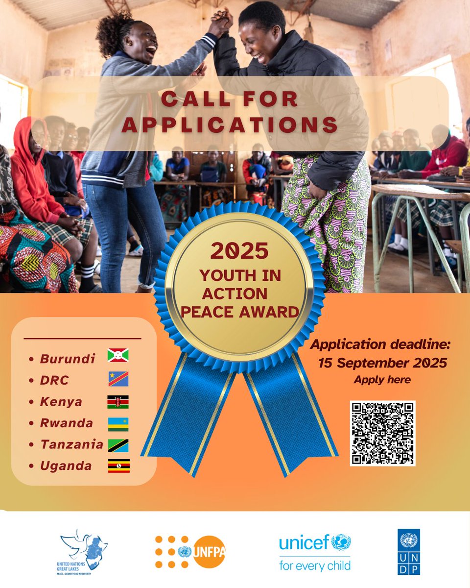 UNDPAfrica's tweet image. 📢 Applications are now open for the Youth in Action Peace Award 2025 for youth-led and youth-focused civil society organizations from the Great Lakes Region: Burundi, DRC, Kenya, Rwanda, Tanzania and Uganda.

Submit by 15 September: bit.ly/3HYdRpz

#YouthInAction #YPS