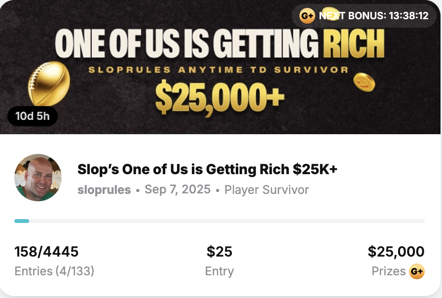 Who wants $35K?

Team, we need to lock in, and we need to do it now. The TD Survivor Pool needs 250 entries by 8:00 pm ET tonight. If we get to 250 entries by then, the top prize will be raised from $25K to $35K. Do you even realize how many millys that is? Lock in.

(If you have