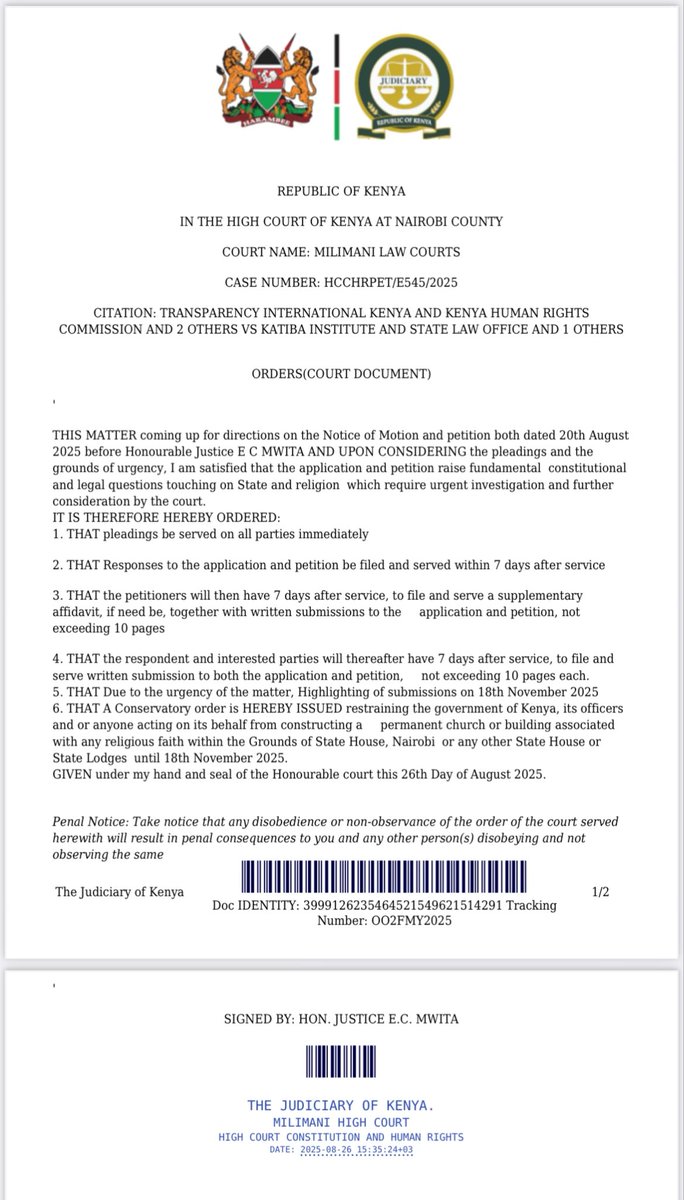 The High Court has stopped the government from constructing a permanent church or any faith-based structure within State House, Nairobi, or any other State House or State Lodge.

The petitioners  Inuka Kenya, <a href="/TISAKenya/">@TisaKenya</a>, <a href="/TIKenya/">TI-Kenya</a> , &amp; <a href="/thekhrc/">KHRC</a>  argued that such a move goes against