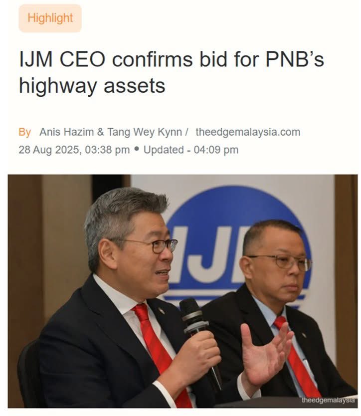 Permodalan Nasional Berhad (PNB) telah mengeluarkan tender untuk menjual keseluruhan aset lebuhraya miliknya yang dibina sejak puluhan tahun lalu.

Syarikat tersenarai awam, IJM Corporation Berhad, telah mengesahkan penyertaan dalam proses tender tersebut. IJM dilihat sebagai…