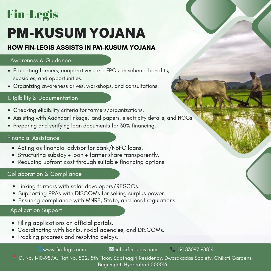 Go Solar with PM-KUSUM!

Cut costs, sell surplus, and grow green. Fin-Legis makes solar simple for farmers &amp; cooperatives.
Know more: fin-legis.com

#SolarFarming #PMKUSUM #CleanEnergy #FarmerEmpowerment #GreenFuture