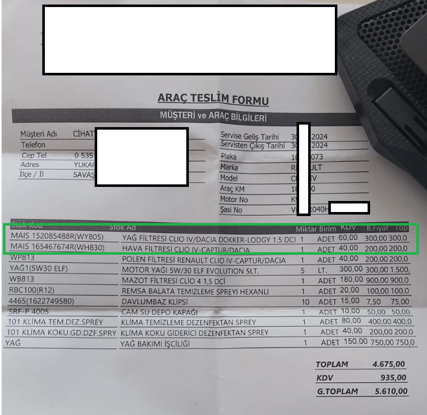 📌YEDEK PARÇA HİLESİ 
Bazı servislerde fark edilmeyen bir hileli uygulama ile karşılaşabiliyoruz.

Taktıkları parçaların OEM kodunun başına “MAIS” ibaresi ekleyerek, aslında yan sanayi olan ürünü orijinalmiş gibi gösteriyorlar.

Örneğin:
Normalde piyasada yaklaşık 150 TL olan