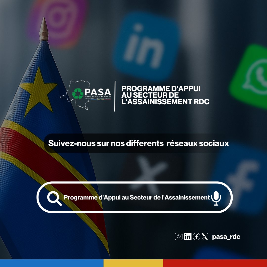 Pasa_rdc's tweet image. Restons connectés pour bâtir ensemble UN CONGO PLUS BEAU QU&apos;AVANT

Le Programme d’Appui au Secteur de l’Assainissement (PASA) est désormais présent sur vos réseaux sociaux.

Suivez-nous, partagez et interagissez avec nos actualités, projets et initiatives pour améliorer…