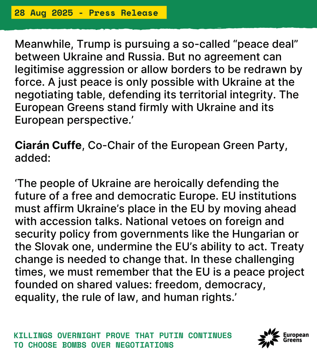 We have called for the European Union to respond urgently to the ongoing Russian attacks on Ukraine with more sanctions, and the acceleration of negotiations for Ukraine’s integration into the EU.

europeangreens.eu/news/killings-…