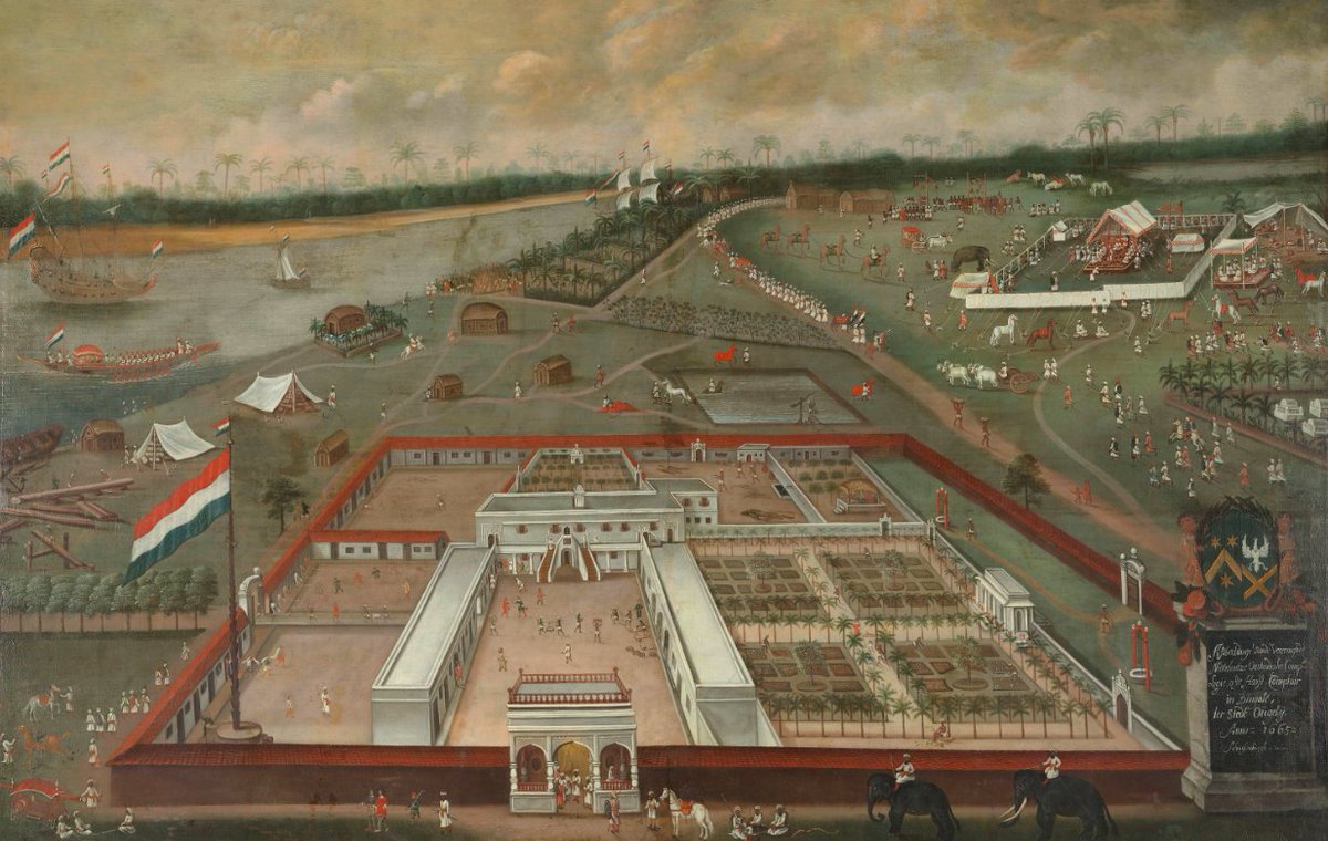 A 1665 painting by Hendrik van Schuylenbergh showing the Dutch United East India Company (Vereenigde Oostindische Compagnie) Trade Lodge in Hooghly, Bengal.