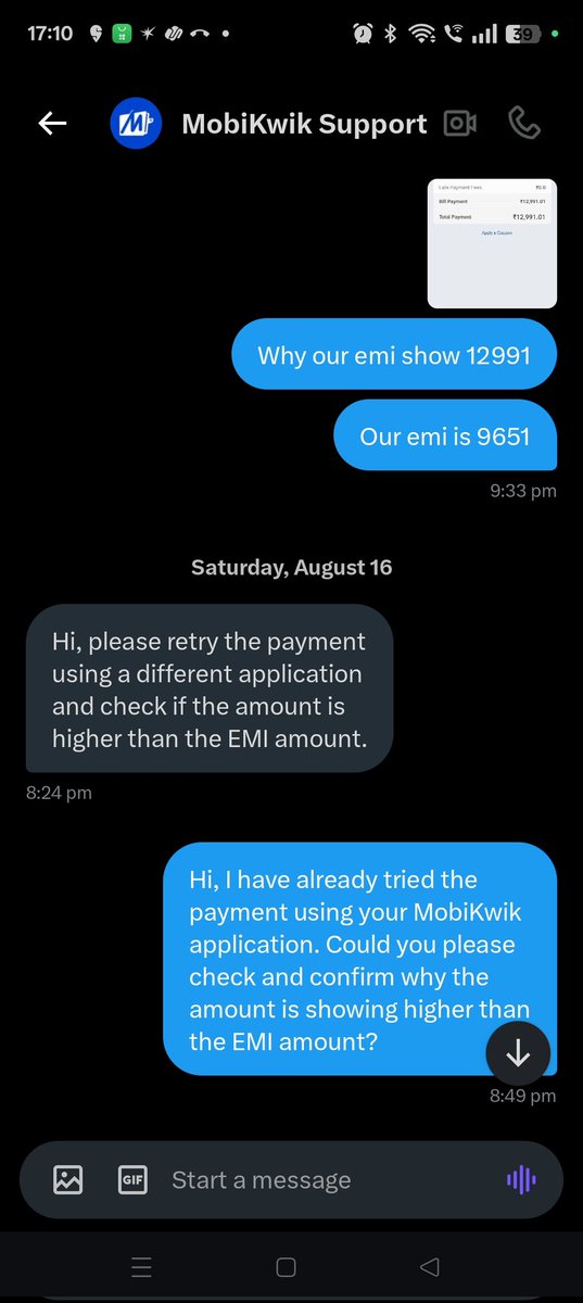 NaveenK95658069's tweet image. @MobiKwik @MobiKwikSWAT My EMI is ₹9,651 but app shows ₹12,991. Reported many times via support &amp;amp; agents, no solution yet. Still getting daily calls with payment links. Pls resolve on priority, correct EMI &amp;amp; stop calls. #MobiKwik #CustomerSupport #EMIIssue